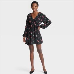 a new day Black Floral Long Sleeve Dress size:L